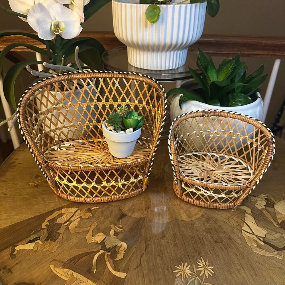 Vintage Pair Wicker Doll Chairs or Plant Stands, Basket Weave Decor